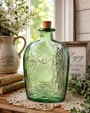 Vintage Embossed Green Glass Bottle w/ Cork Made in Canada 9” X 6” Sunflower